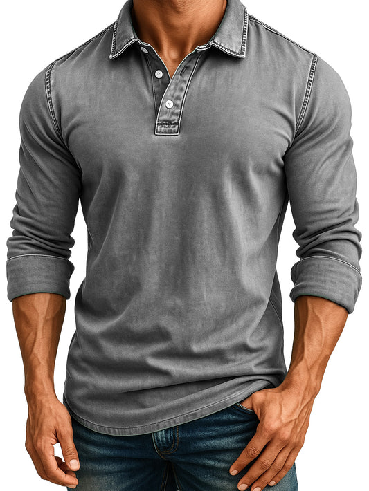 Men's Retro Fashion Distressed Lapel Long-sleeved Polo Shirt
