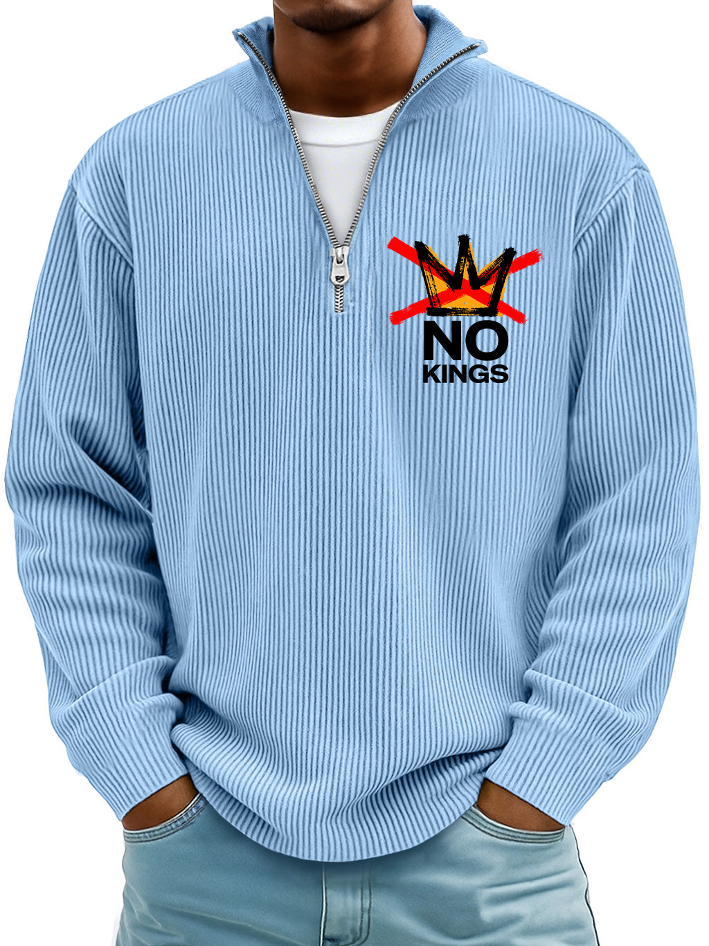 Men's Simple Ribbed No Kings Stand-up Collar Zipper Long-sleeved T-shirt