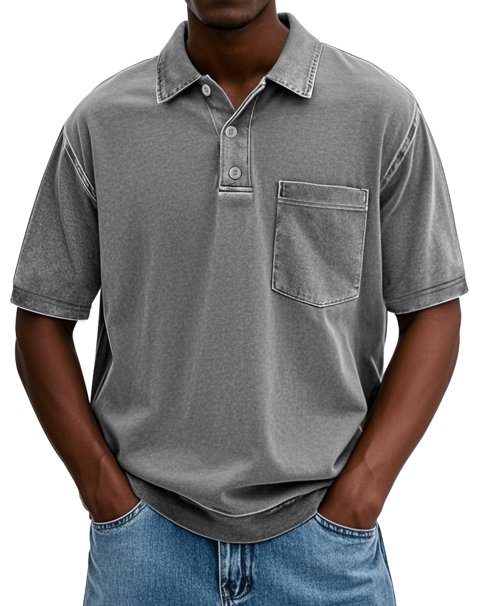 Men's Stylish Vintage Cotton Distressed Fabric Lapel Polo Shirt With Pockets And Lapel