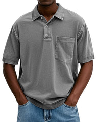 Men's Stylish Vintage Cotton Distressed Fabric Lapel Polo Shirt With Pockets And Lapel