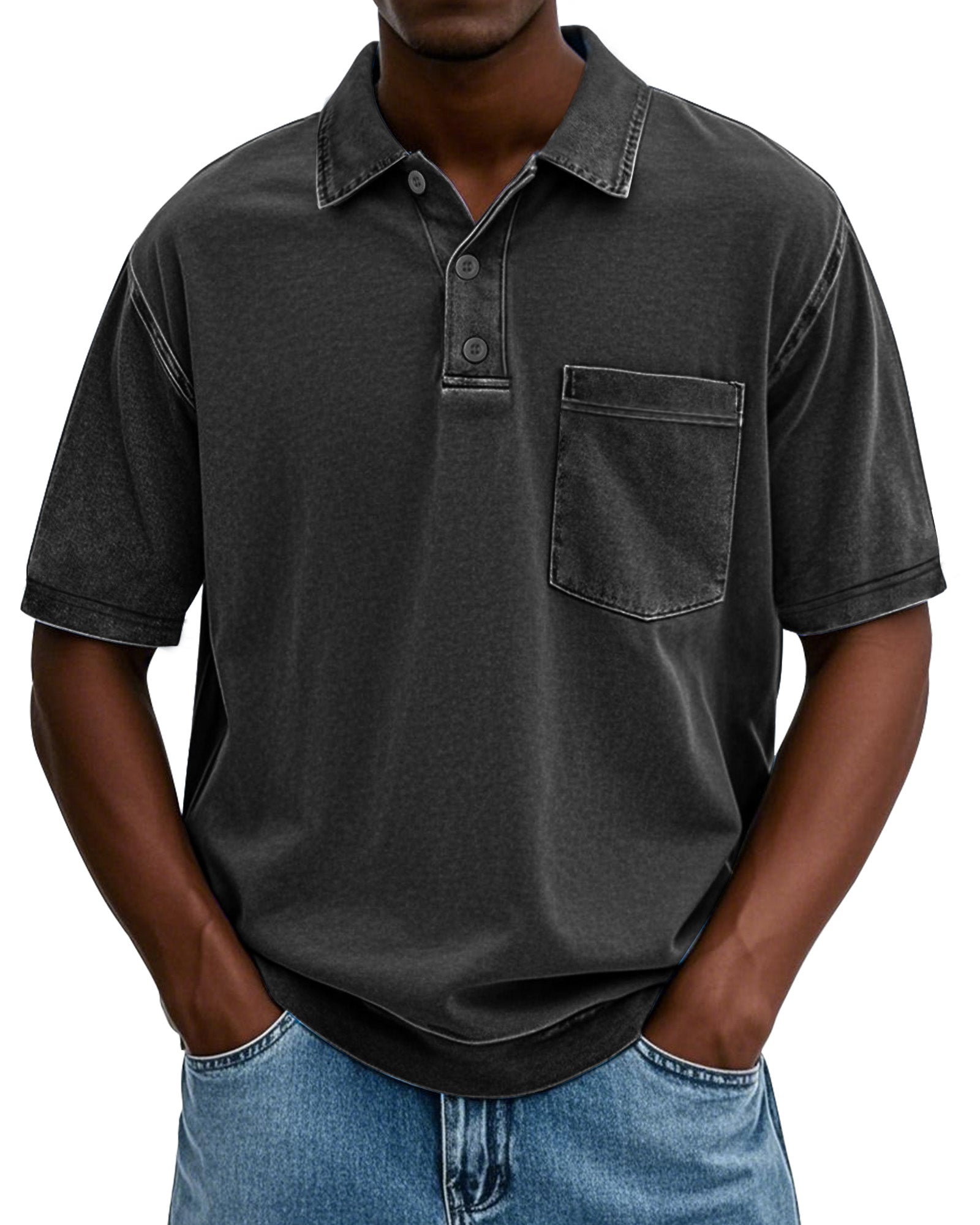 Men's Stylish Vintage Cotton Distressed Fabric Lapel Polo Shirt With Pockets And Lapel