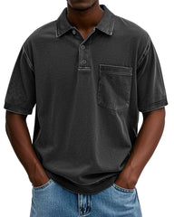 Men's Stylish Vintage Cotton Distressed Fabric Lapel Polo Shirt With Pockets And Lapel