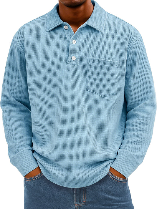Men's Everyday Waffle Lapel Button Casual Pocket Long Sleeve Polo Shirt