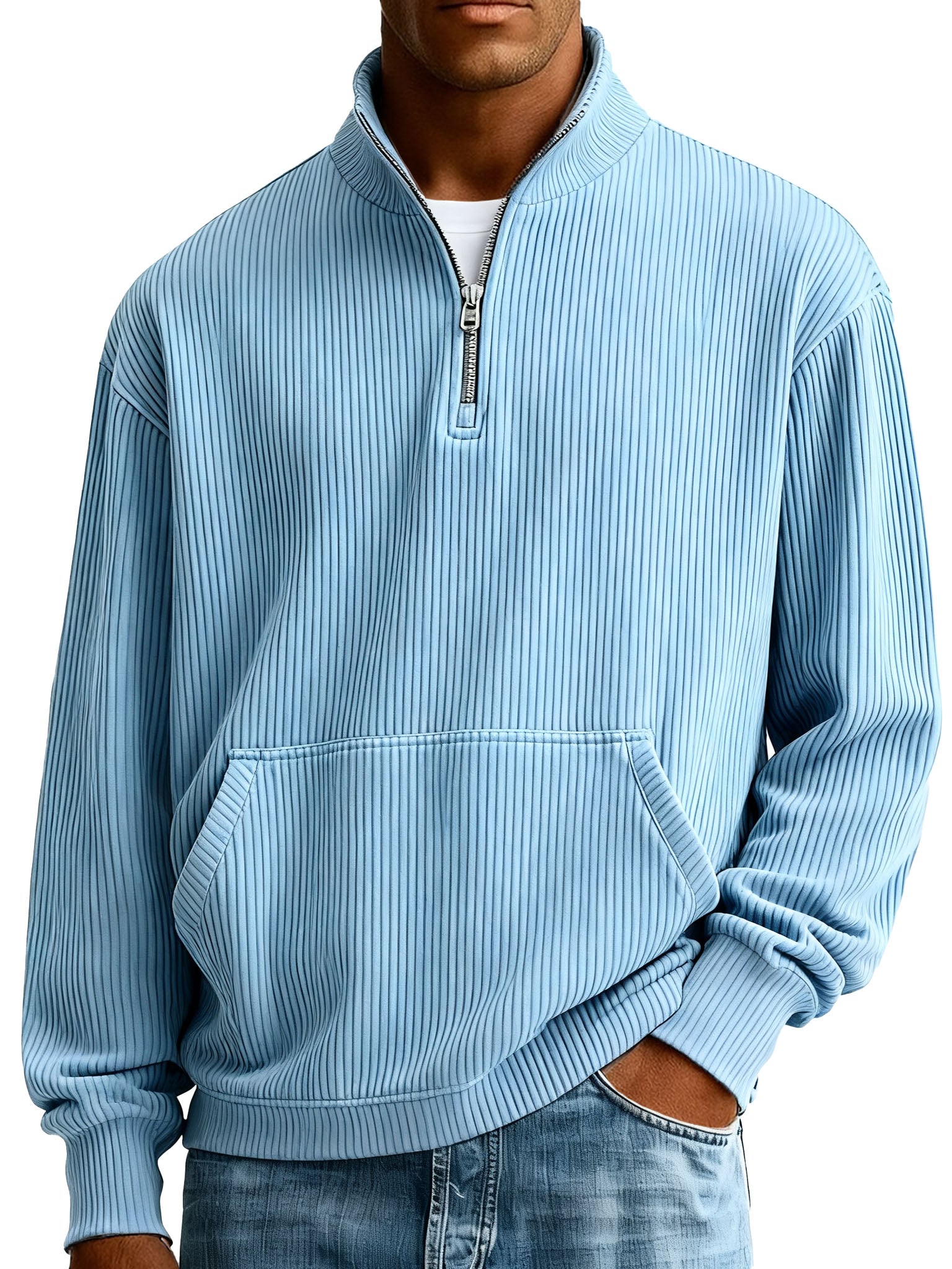  Men's Fashionable Casual Ribbed Fabric Stand-up Collar Half-zip Long-sleeved Sweatshirt