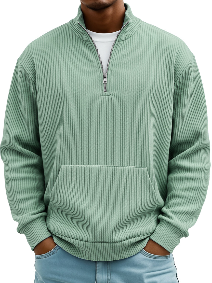 Men's Pit Stripe Stand Collar Zipper Loose Pocket Casual Hoodie