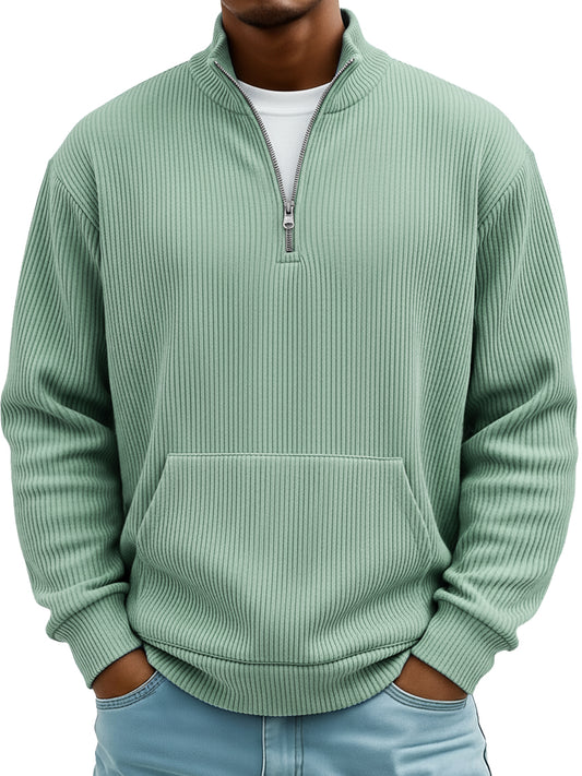 Men's Pit Stripe Stand Collar Zipper Loose Pocket Casual Hoodie