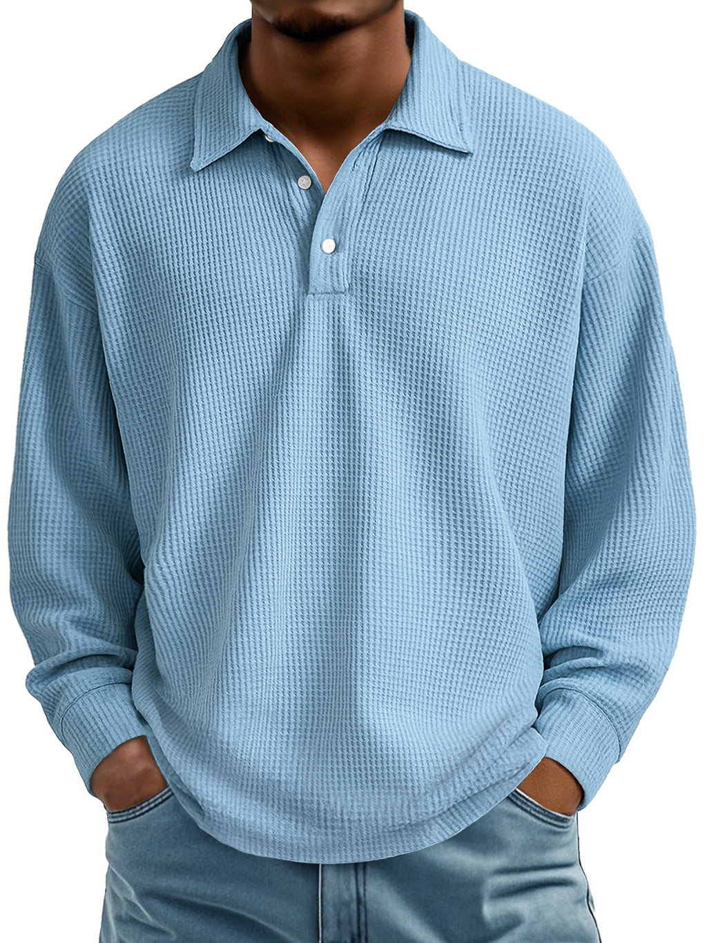 Men's Waffle Casual Lapel Button-down Long-sleeved Polo Shirt