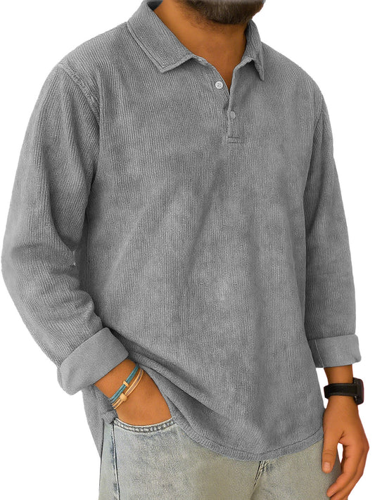Men's Stylish Vintage Ribbed Corduroy Lapel Long-sleeved Polo Shirt