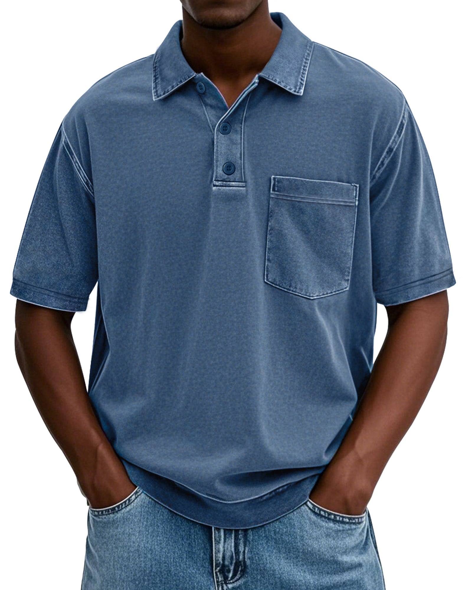 Men's Stylish Vintage Cotton Distressed Fabric Lapel Polo Shirt With Pockets And Lapel