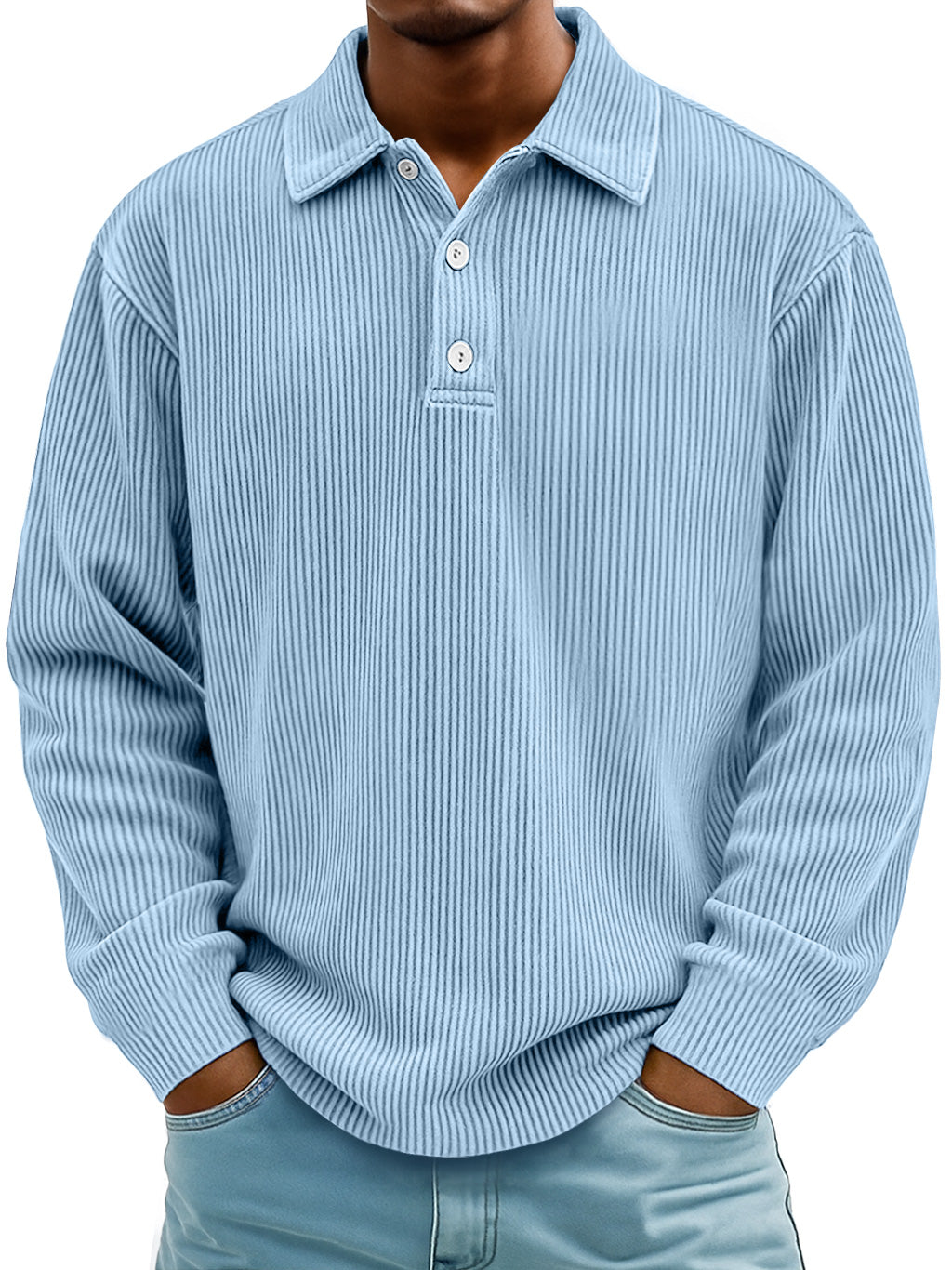 Men's Daily Casual Ribbed Lapel Button-down Loose Long-sleeved Polo Shirt
