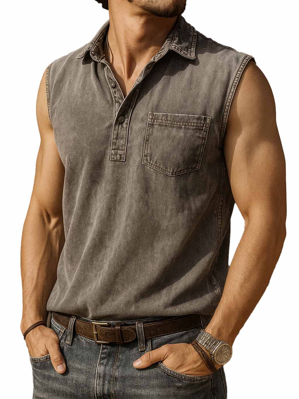 Men's Fashion Retro Distressed Pocket Lapel Sleeveless Polo Shirt 