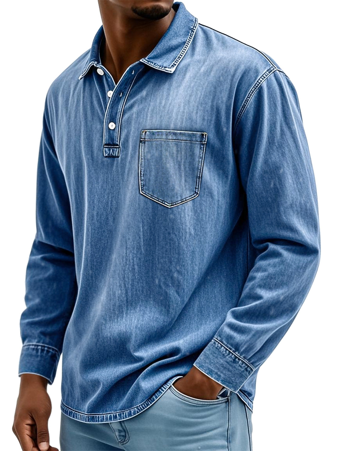 Men's Vintage Cotton Washed Lapel Button Casual Long Sleeve Polo Shirt
