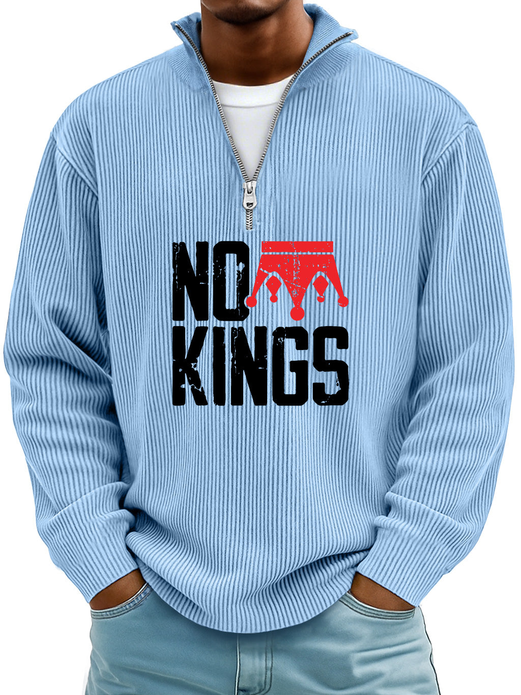 Men's Simple No Kings Ribbed Stand-up Collar Zipper Casual Long-sleeved T-shirt