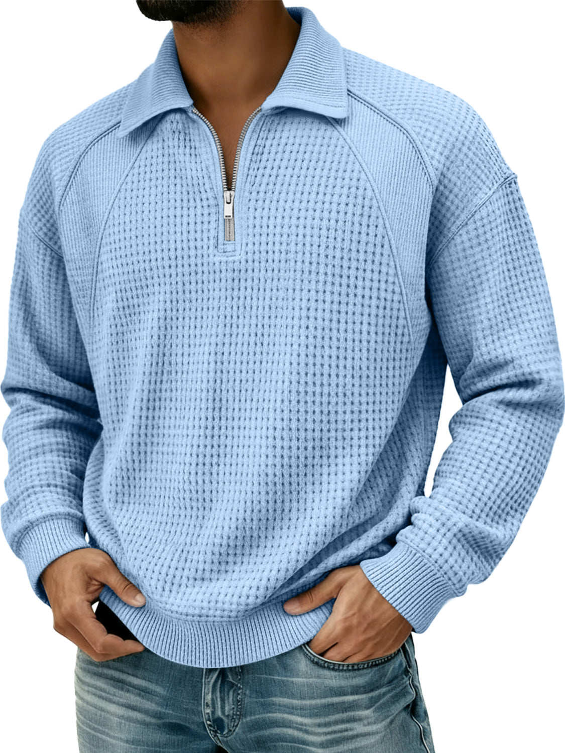 Men's Waffle Lapel Zipper Design Split Stitching Polo Shirt