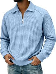 Men's Waffle Lapel Zipper Design Split Stitching Polo Shirt