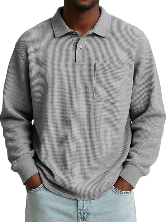Men's Stylish Casual Everyday Waffle Long-sleeved Lapel Polo Shirt 