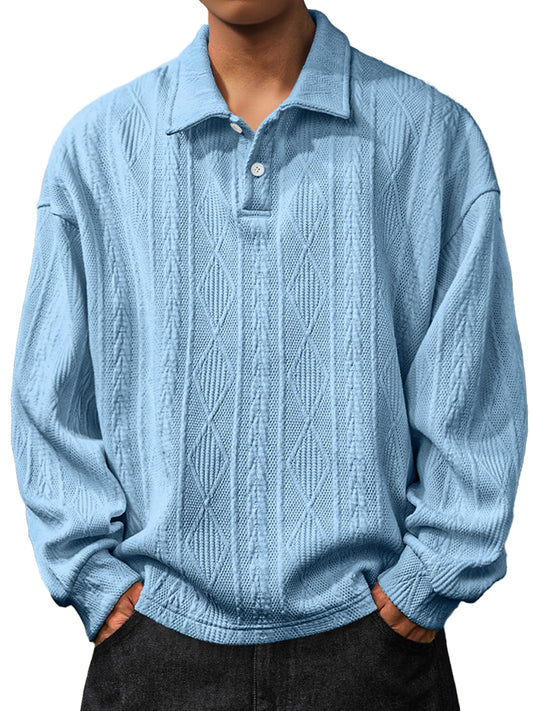 Men's Daily Jacquard Texture Lapel Button Long Sleeved Polo Shirt