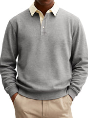 Men's Stylish Casual Everyday Cotton Long-sleeved Lapel Sweatshirt Polo Shirt With A Patchwork Collar