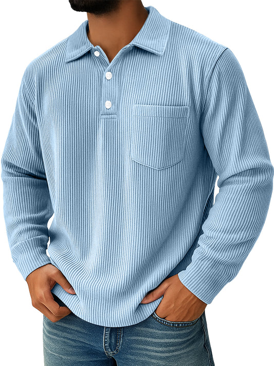 Men's Daily Ribbed Lapel Button-down Casual Pocket Long-sleeved Polo Shirt