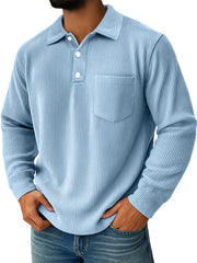 Men's Daily Ribbed Lapel Button-down Casual Pocket Long-sleeved Polo Shirt