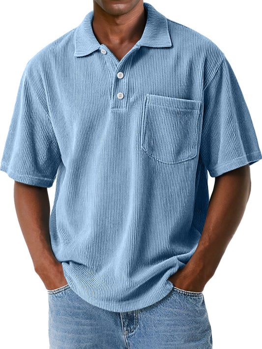 Men's Vintage Corduroy Lapel Pocket Solid Color Short Sleeve POLO Shirt