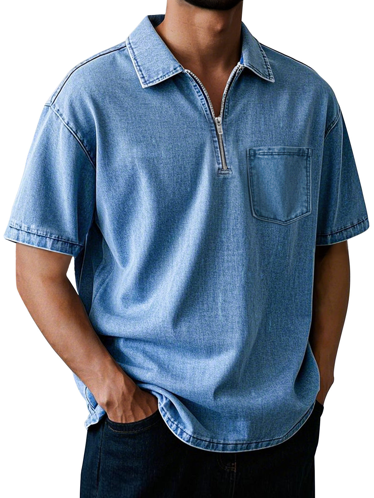 Men's Retro Lapel Zipper Pocket Casual Solid Color Short Sleeve POLO Shirt