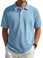 Men's Daily Ribbed Lapel Button Casual Solid Color Short-sleeved Polo Shirt