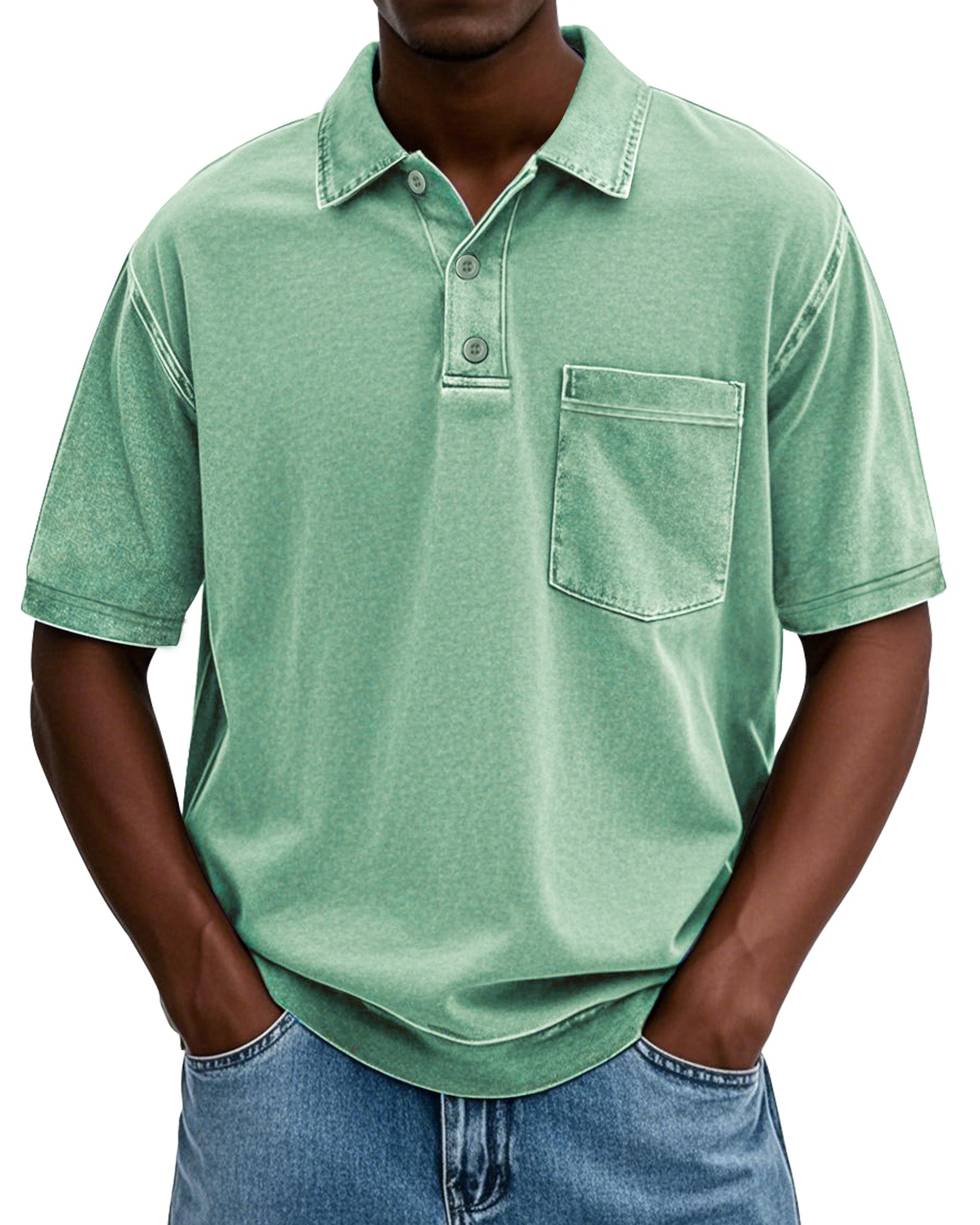 Men's Stylish Vintage Cotton Distressed Fabric Lapel Polo Shirt With Pockets And Lapel