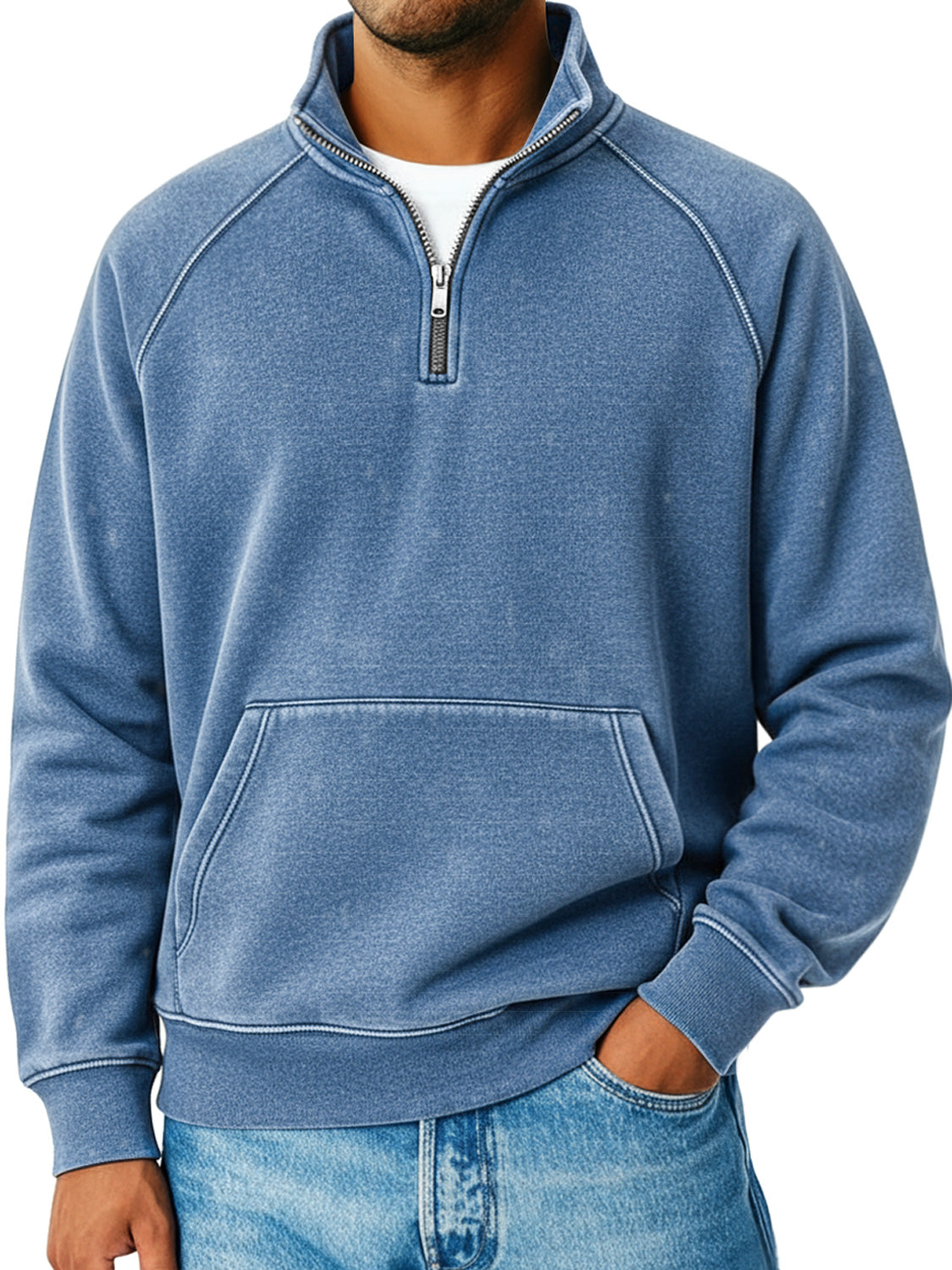 Men's Retro Raglan Sleeve Stand Collar Zipper Loose Casual Sweatshirt