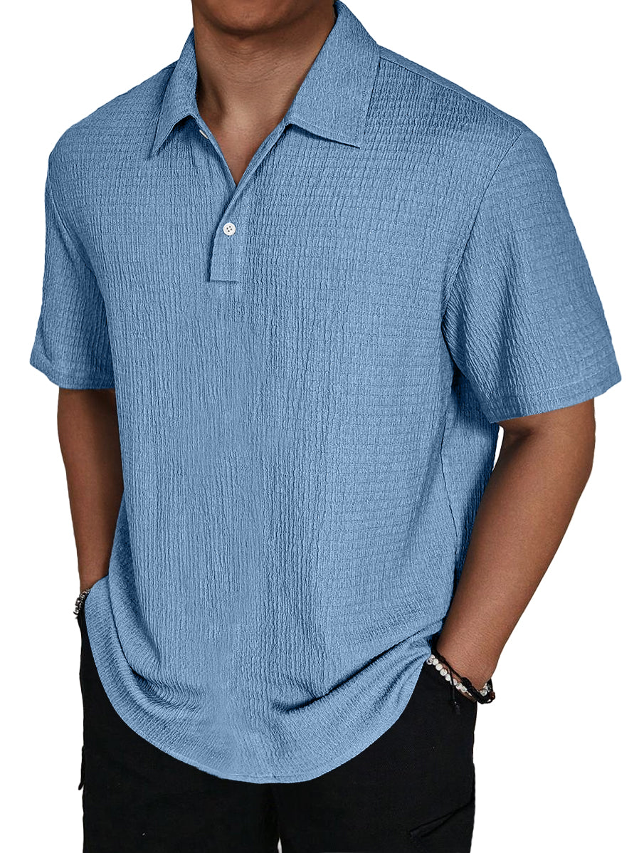 Men's Fashion Texture Lapel Button Casual Solid Color Short Sleeve POLO Shirt