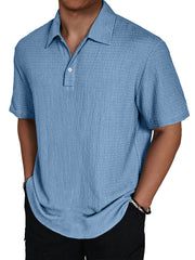 Men's Fashion Texture Lapel Button Casual Solid Color Short Sleeve POLO Shirt