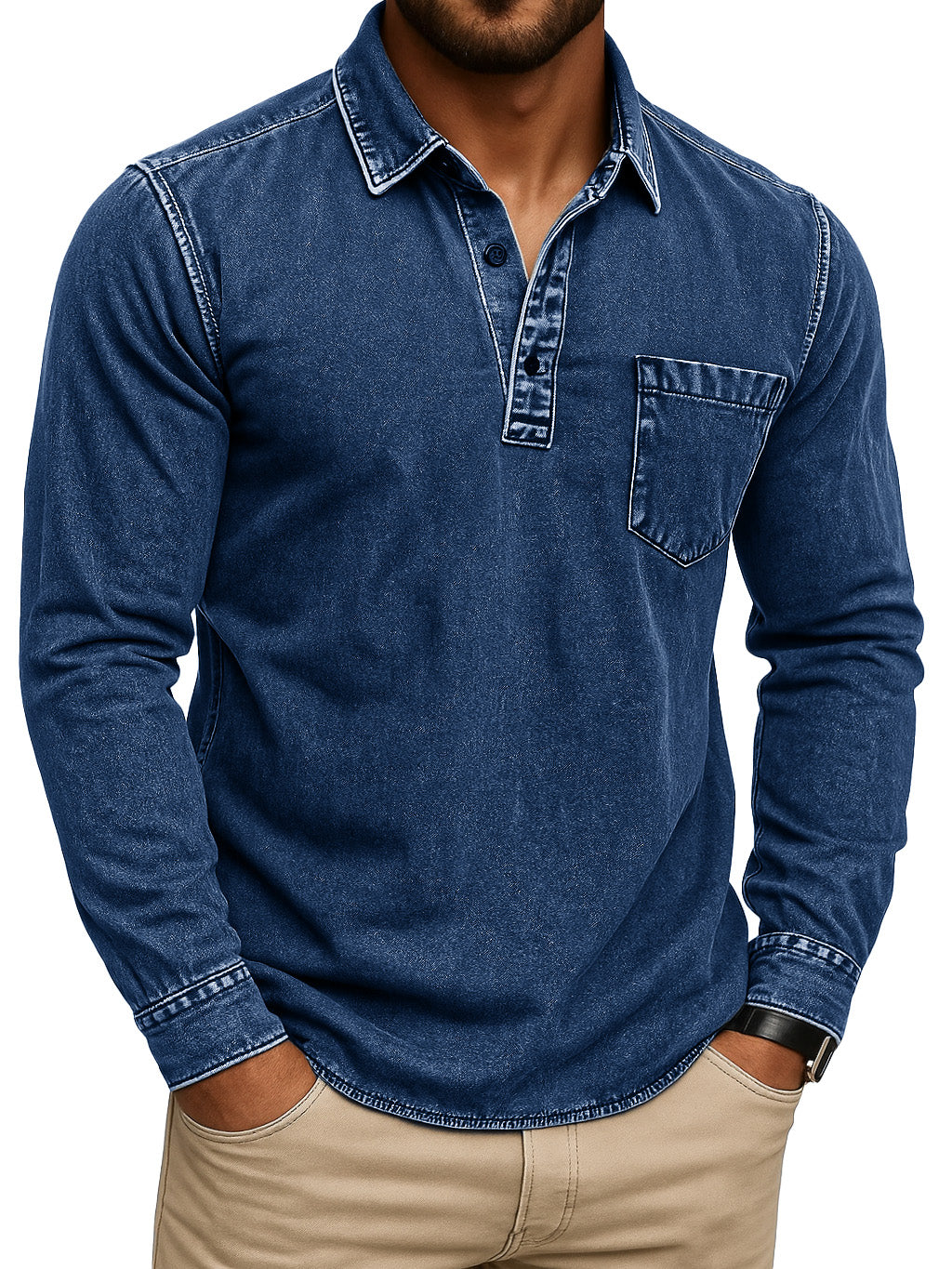 Men's Stylish Retro Outdoor Distressed Pocket Stand Collar Long-sleeved Polo Shirt