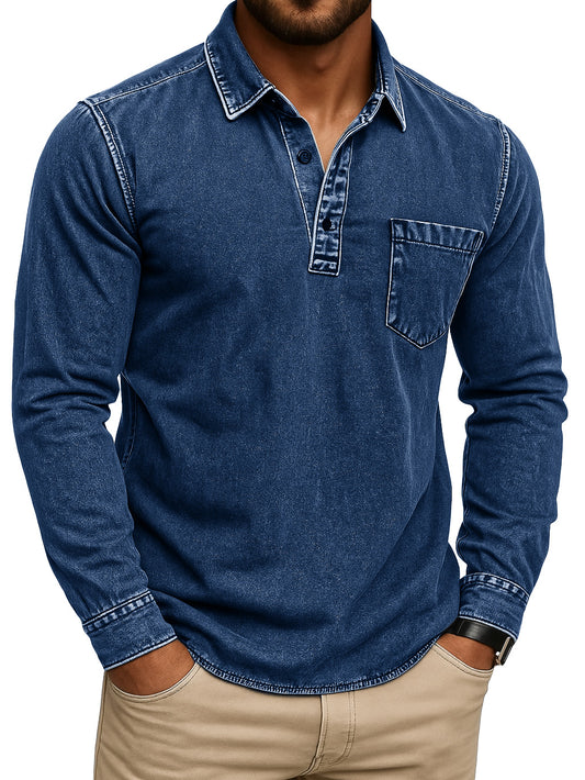 Men's Stylish Retro Outdoor Distressed Pocket Stand Collar Long-sleeved Polo Shirt