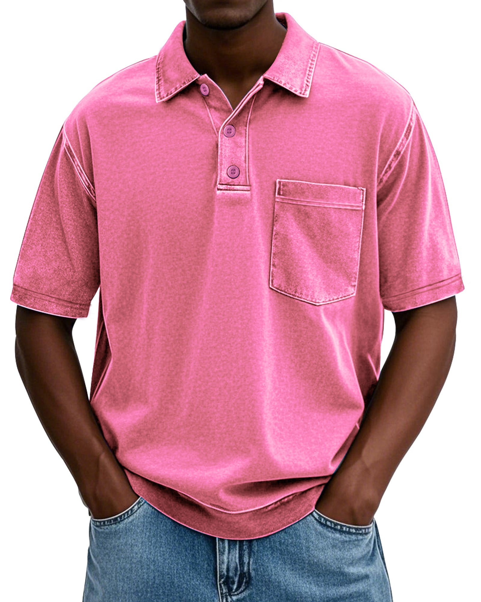 Men's Stylish Vintage Cotton Distressed Fabric Lapel Polo Shirt With Pockets And Lapel