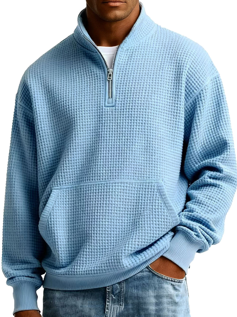 Men's Fashionable Casual Waffle Fabric Stand-up Collar Half-zip Long-sleeved Sweatshirt