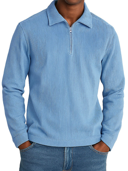 Men's Stylish Casual Retro Lapel Corduroy Ribbed Fabric Long-sleeved Zip-up Polo Shirt 