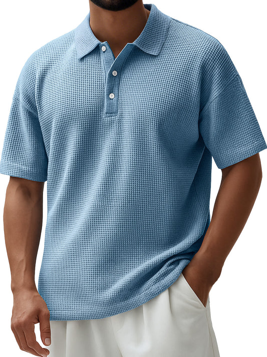 Men's Everyday Waffle Lapel Button Down Casual Short Sleeve Polo Shirt