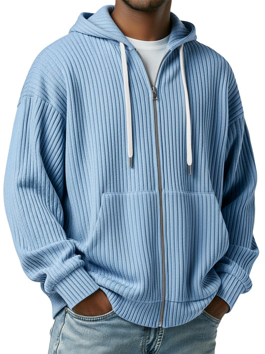 Men's Simple Ribbed Zipper Casual Hooded Jacket