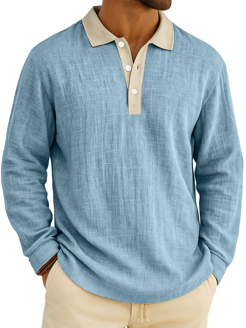 Men's Retro Everyday Colorblock Lapel Button Comfort Long Sleeve Polo Shirt