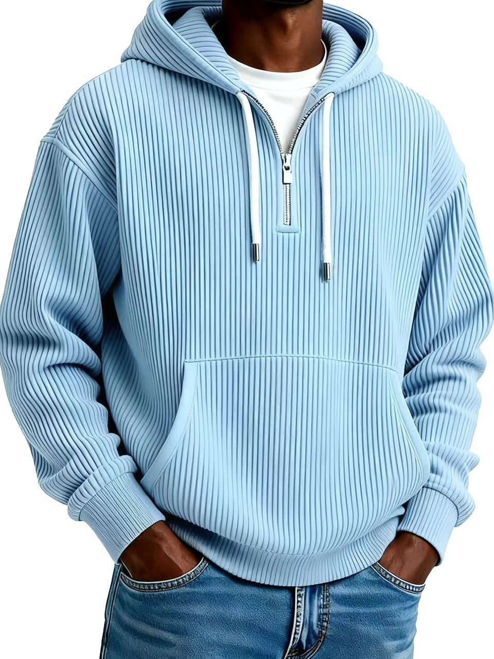Men's Stylish Casual Ribbed Fabric Half-zip Pocket Hooded Sweatshirt