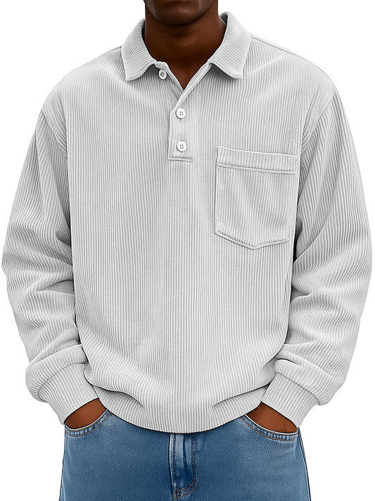 Men's Clothing Fashionable Casual Retro Lapel Corduroy Pit Strip Fabric Long-sleeved Pocket Polo Shirt 