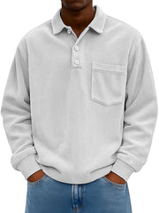 Men's Clothing Fashionable Casual Retro Lapel Corduroy Pit Strip Fabric Long-sleeved Pocket Polo Shirt 