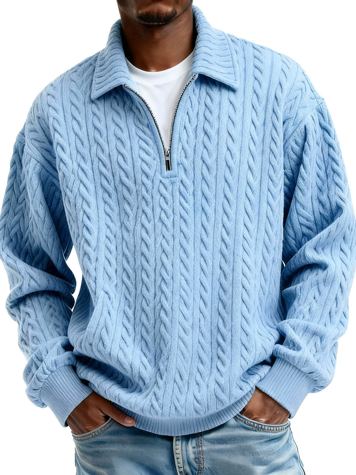 Men's Clothing Fashionable Casual Twist Texture Fabric Lapel Zipper Long-sleeved Hoodie 