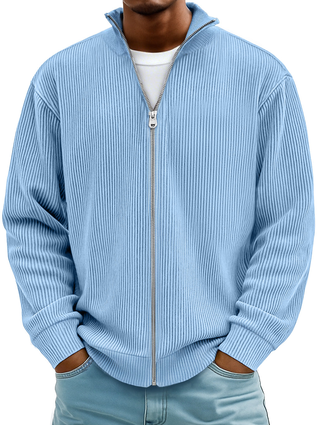Men's Simple Ribbed Textured Stand Collar Zipper Loose Jacket