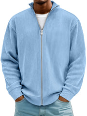 Men's Simple Ribbed Textured Stand Collar Zipper Loose Jacket