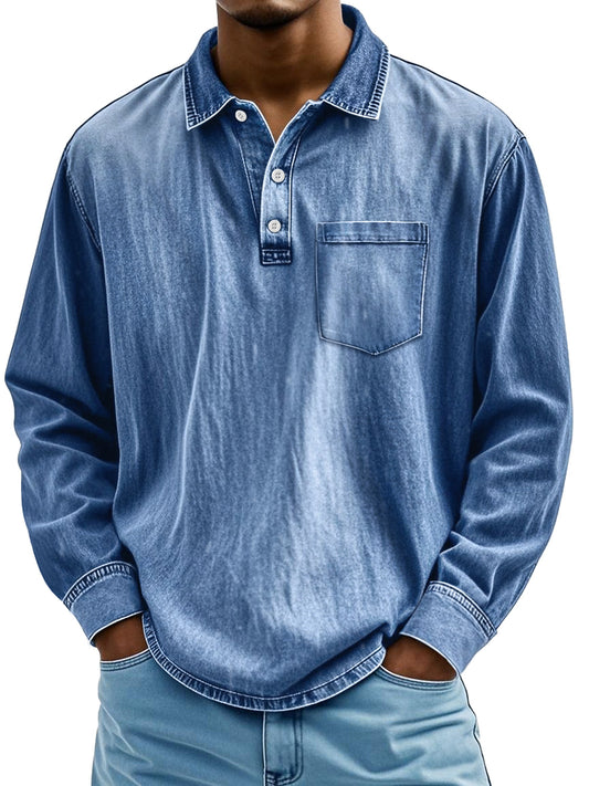 Men's Retro Lapel Button Casual Pocket Comfortable Long Sleeve Polo Shirt