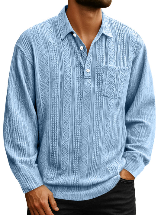 Men's Daily Jacquard Texture Lapel Button Casual Long-sleeved Polo Shirt