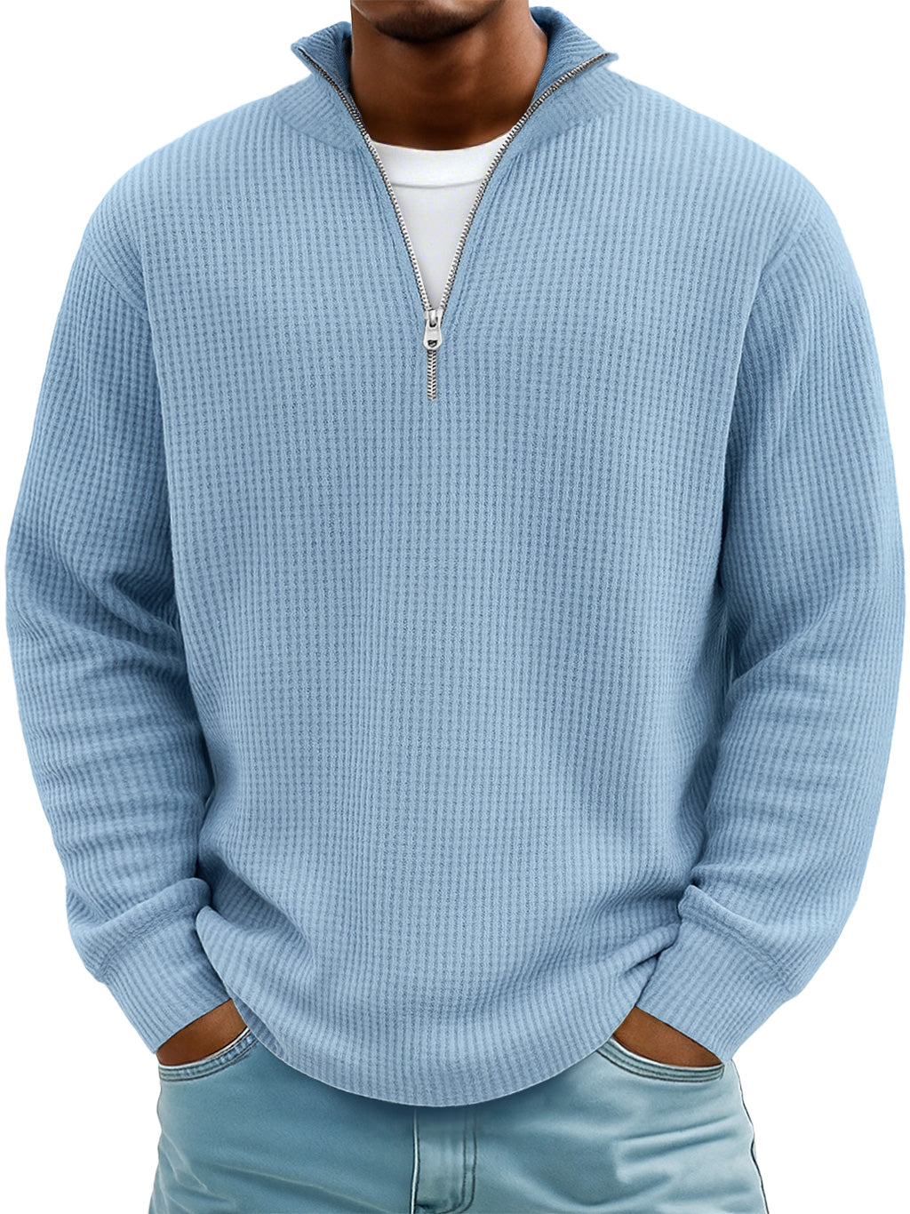 Men's Everyday Waffle Stand Collar Zipper Casual Long Sleeve T-shirt