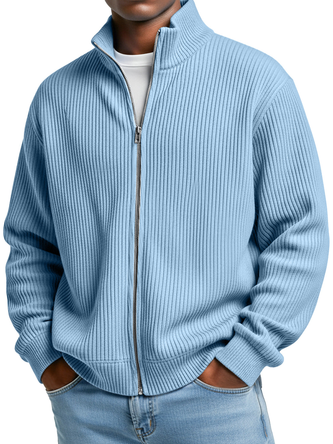 Men's Simple Stand-up Collar Ribbed Casual Loose Zipper Jacket
