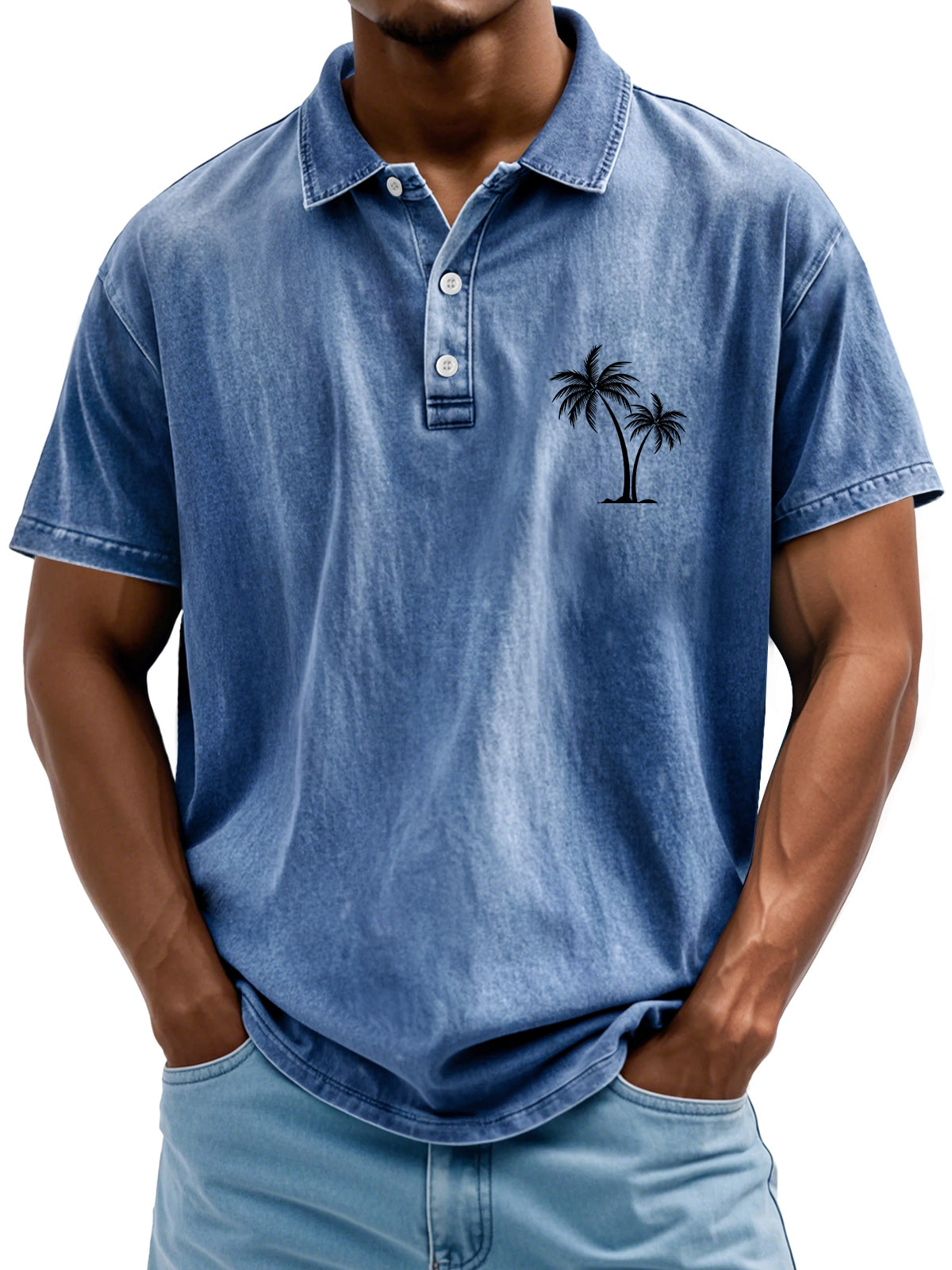 Men's Retro Lapel Coconut Tree Printed Casual Short Sleeve POLO Shirt